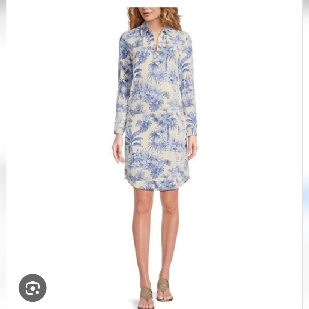 J. McLaughin Blue and Off-White Long Sleeve Dress Size Small